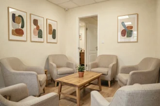 Salle d'attente d'un cabinet de psychologue dans les Pays de la Loire, ambiance chaleureuse et professionnelle