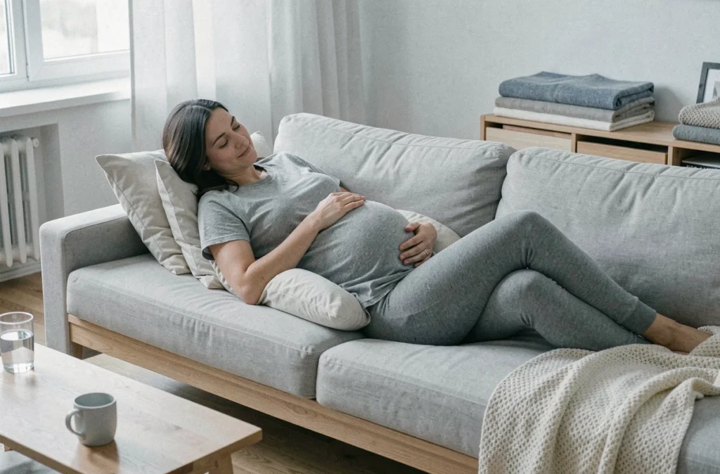 Femme enceinte se reposant sur un canapé avec un coussin de grossesse dans un salon lumineux au style scandinave