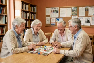 Groupe de retraités jouant à un jeu de société dans une salle associative, souriant et partageant un moment convivial
