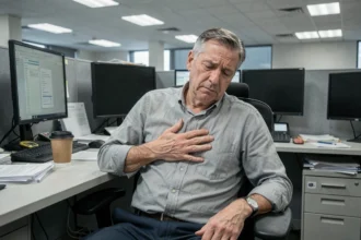 Homme sédentaire assis devant des écrans d'ordinateur au bureau, illustrant les risques cardiovasculaires liés à la sédentarité