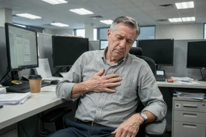 Homme sédentaire assis devant des écrans d'ordinateur au bureau, illustrant les risques cardiovasculaires liés à la sédentarité
