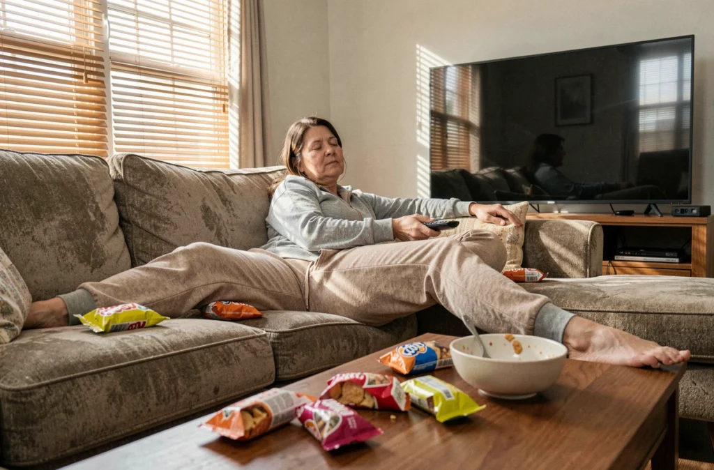 Femme allongée sur un canapé regardant la télévision, symbolisant la sédentarité à domicile et ses conséquences sur la santé du cœur