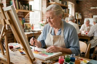 Une femme âgée concentrée sur sa peinture aquarelle dans un atelier artistique communautaire, activité bénéfique pour la mémoire des seniors