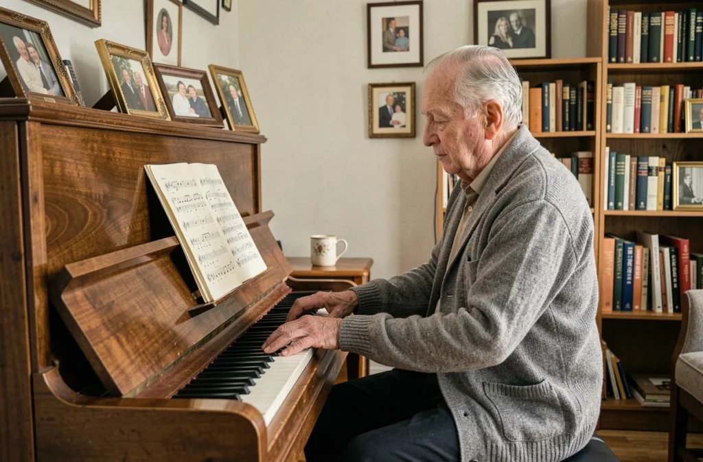 Un homme âgé jouant du piano chez lui en lisant des partitions, pratique musicale stimulant la mémoire et les fonctions cognitives des personnes âgées