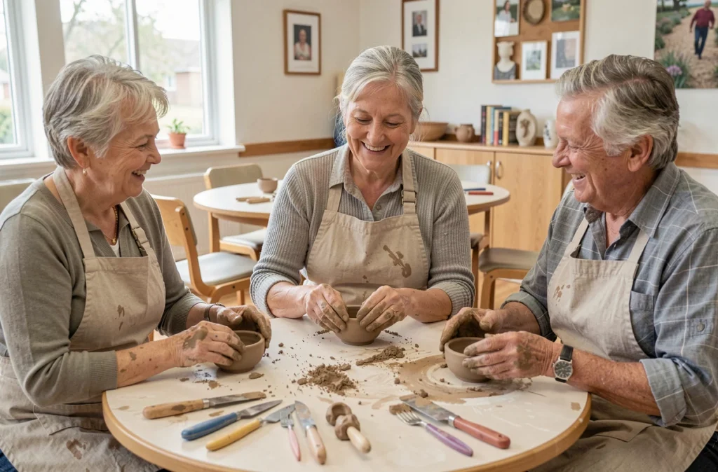 Groupe de seniors participant à un atelier de poterie en argile, activité artistique collective favorisant la mémoire et le lien social chez les personnes âgées