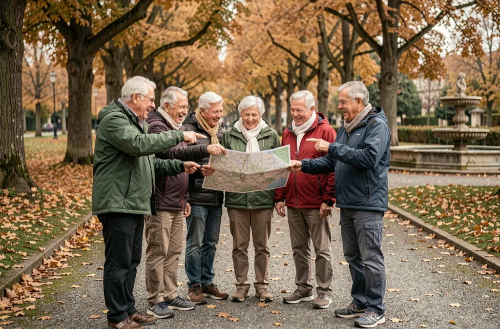 Groupe de retraités en sortie nature organisée par une association, consultant une carte dans un parc en automne