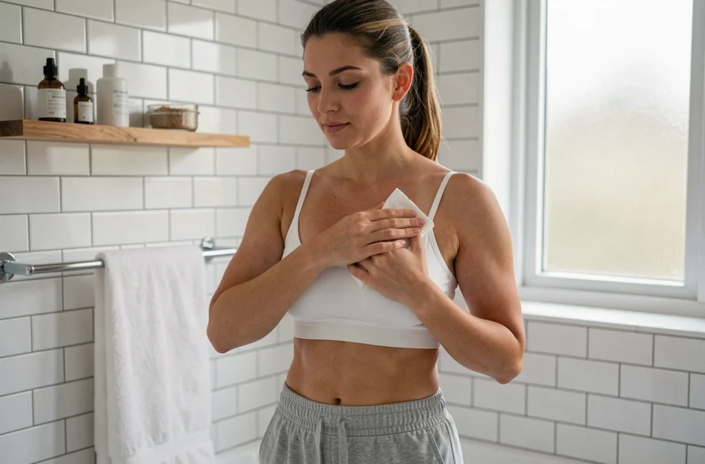 Femme appliquant une compresse froide sur la poitrine dans une salle de bain, pour soulager la montée de lait après l'accouchement