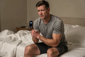 Sportif assis au bord du lit la nuit se tenant le bras avec une expression de douleur due aux fourmis dans les bras