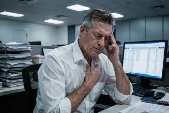 Homme d'âge moyen stressé au bureau, symbolisant l'impact du stress chronique professionnel sur la santé cardiovasculaire