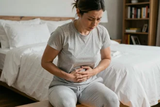Femme tenant son abdomen avec une expression de douleur, illustrant les symptômes digestifs de la maladie de Crohn