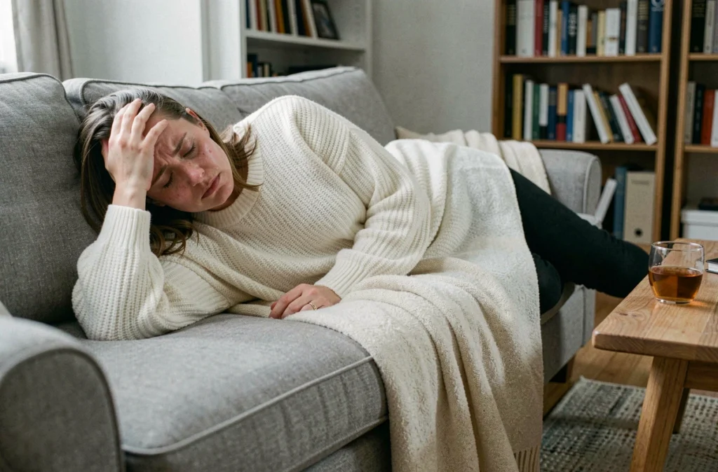 Femme fatiguée allongée sur un canapé avec une tasse de tisane, symptômes de nausées et de fatigue caractéristiques des premières semaines de grossesse