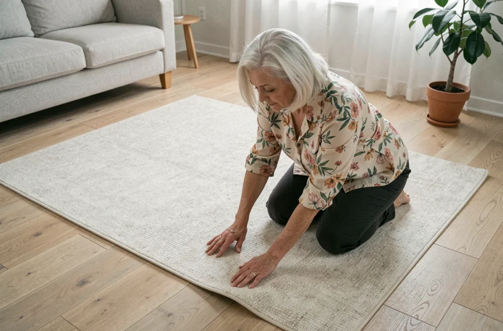 Femme senior fixant un tapis antidérapant dans un salon aménagé pour éviter les chutes à domicile
