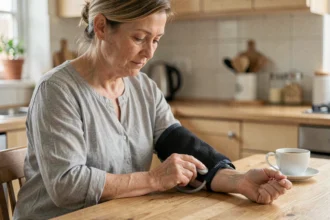 Femme mesurant sa tension artérielle avec un tensiomètre à brassard classique dans une cuisine