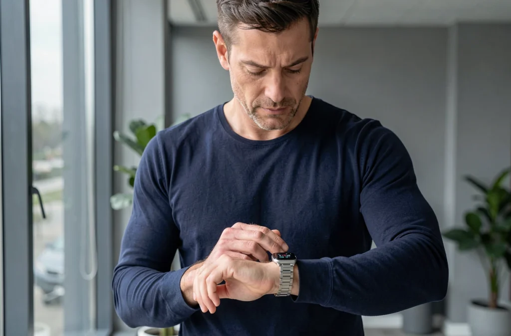 Homme consultant sa tension artérielle sur une montre connectée tensiomètre en bureau moderne