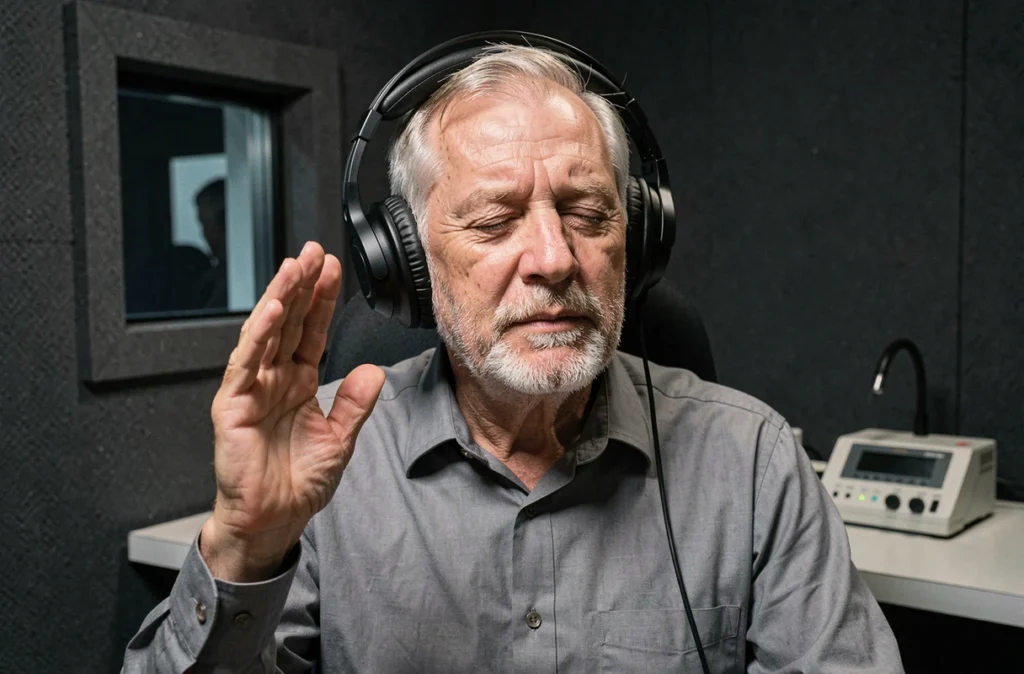 Un homme senior portant un casque audiométrique lors d'un test auditif en cabine insonorisée