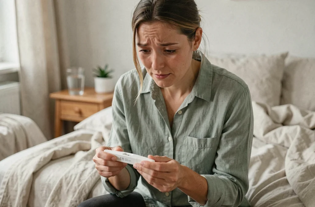 Femme tenant un test de grossesse positif dans une chambre, expression émotionnelle mêlant surprise et bonheur en début de grossesse