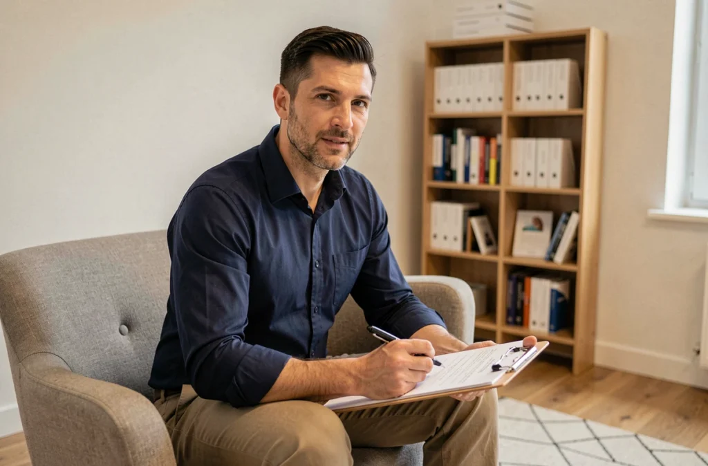 Thomas Flores, psychologue clinicien, en séance de consultation à Angers