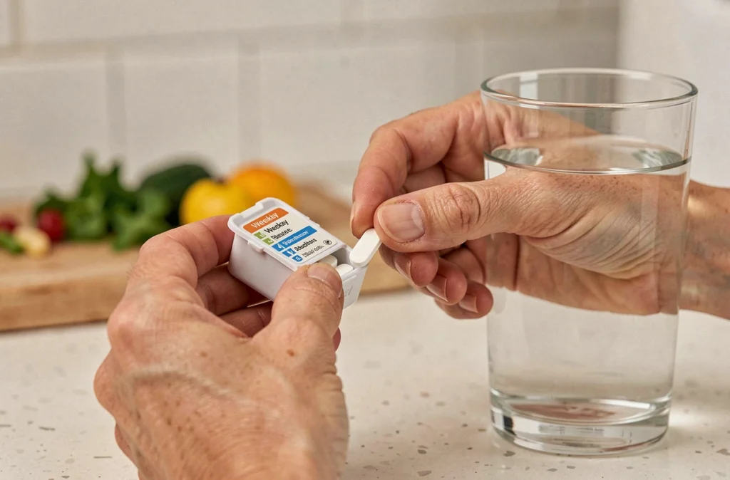 Gestion quotidienne du traitement médicamenteux pour la maladie de Crohn avec pilulier et verre d'eau