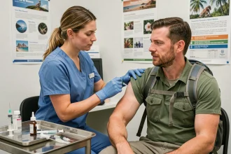 Infirmière administrant un vaccin obligatoire à un voyageur avant un départ en Tanzanie dans une clinique de médecine des voyages