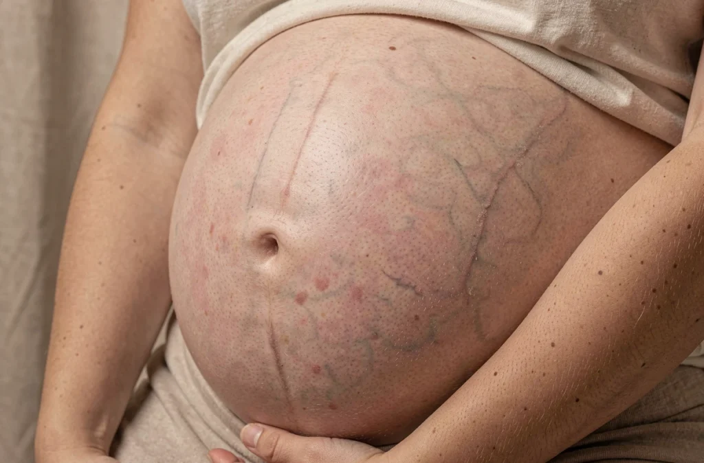 Gros plan sur le ventre d'une femme enceinte montrant la linea nigra et les vergetures, changements cutanés typiques de la grossesse