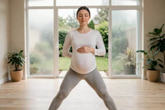 Femme enceinte pratiquant le yoga prénatal dans un studio lumineux, activité physique douce pendant la grossesse